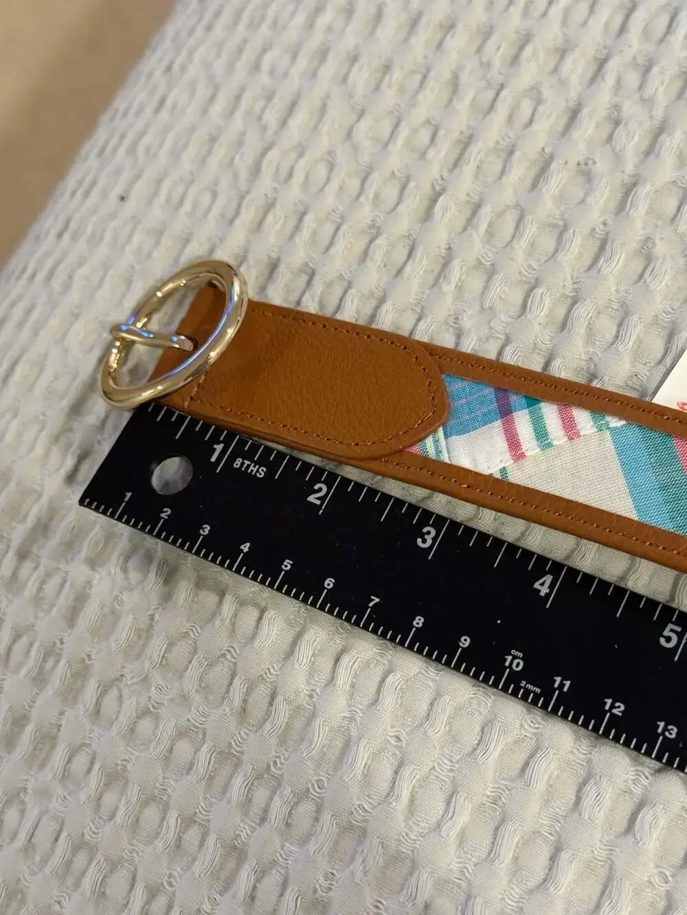 Talbots Women's Brown Leather Trim Madras Plaid Belt Size XL Gold Buckle